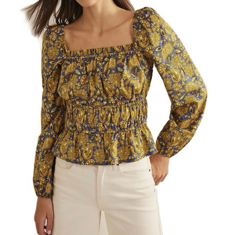 Boden Ruched Waist Peplum Top In Yellow size 8 NWT